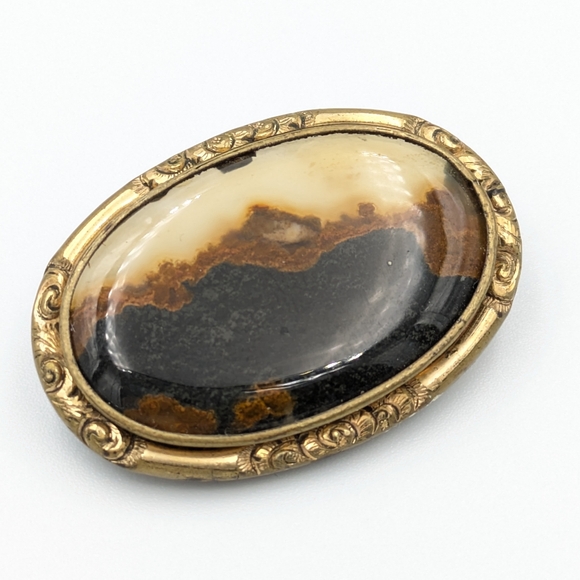 Antique Victorian agate oval brooch pin - Picture 4 of 7